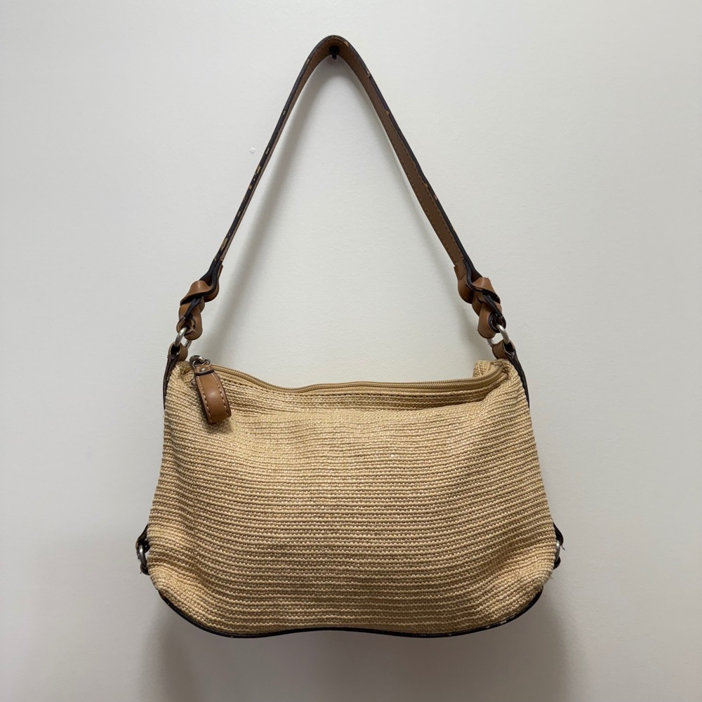 Vintage 1954 Fossil Straw Shoulder Bag Tan‎ Brown Leather Trim Hobo Purse